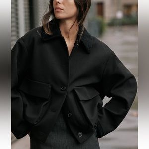 ZARA oversized bomber jacket faux suede collar / sleeve trim blogger favorite
